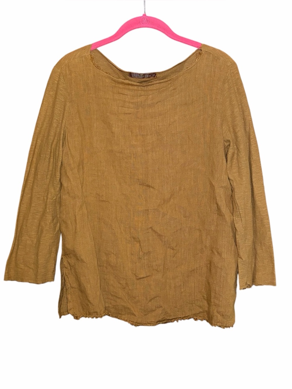 Cut Loose 3/4 Sleeve Boatneck Top Fringe Hem Shirt Linen Cotton Small Brown